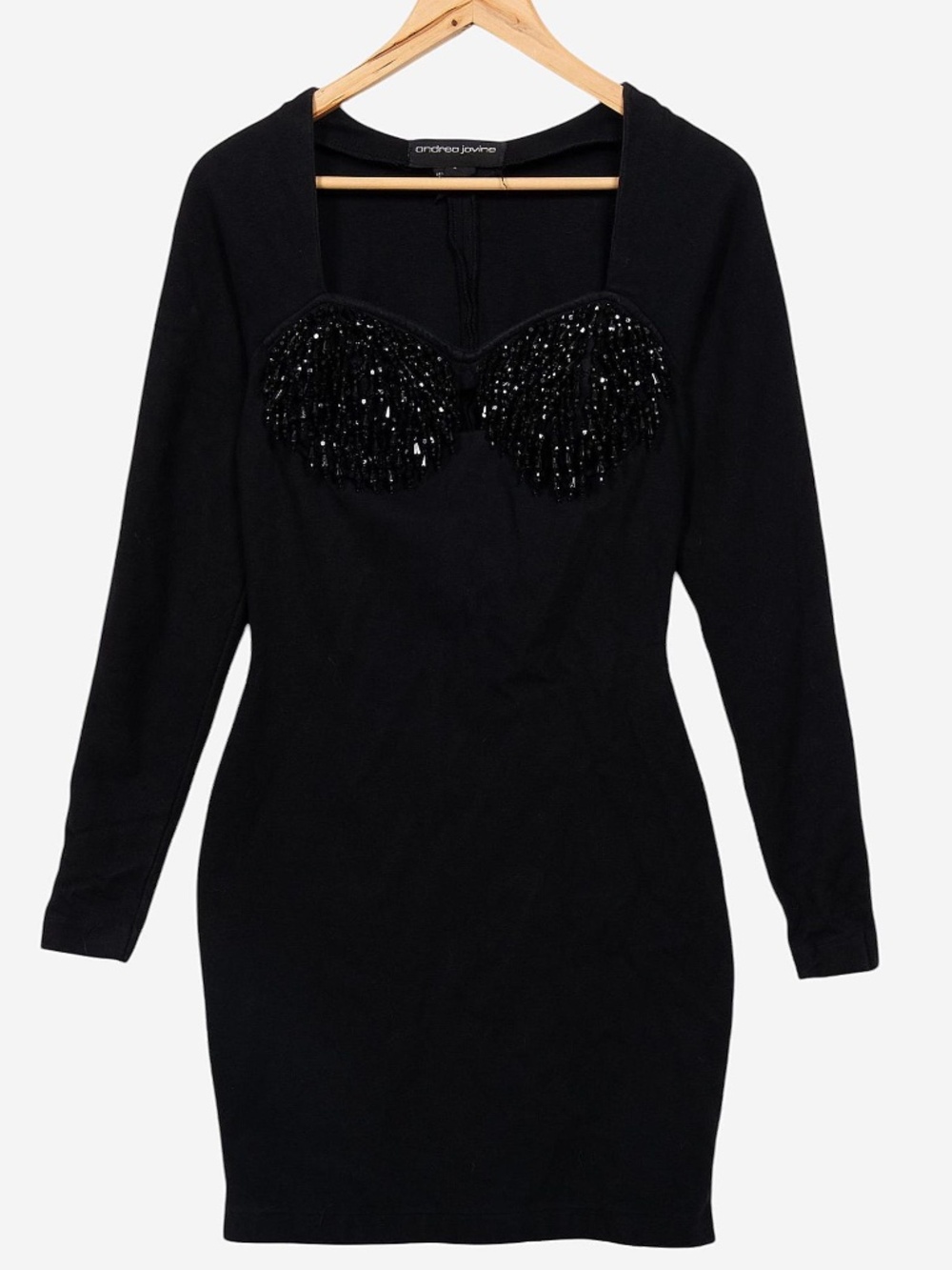 vintage 80s black andrea jovine fringed beaded sweetheart bodycon midi dress